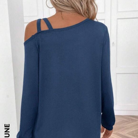 Emery Rose Blue One Cold Shoulder with straps Women's Large Summer Blouse - Picture 8 of 8